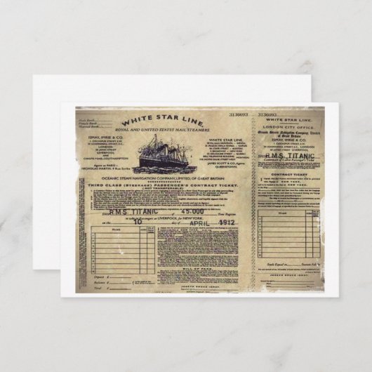 Ticket für RMS Titanic 1912 Einladung (Vorne/Hinten)