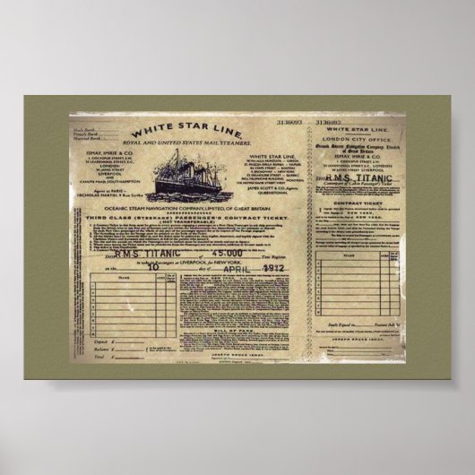 Ticket für RMS Titanic 1912 Poster (Vorne)