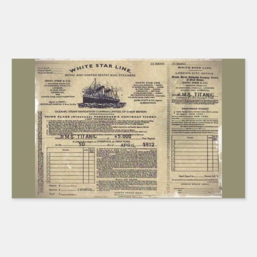 Ticket für RMS Titanic 1912 Rechteckiger Aufkleber (Vorderseite)