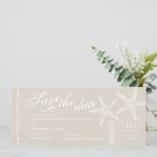 Ticket für Tan und White Starfish Boarding Save The Date (Stehend Vorderseite)
