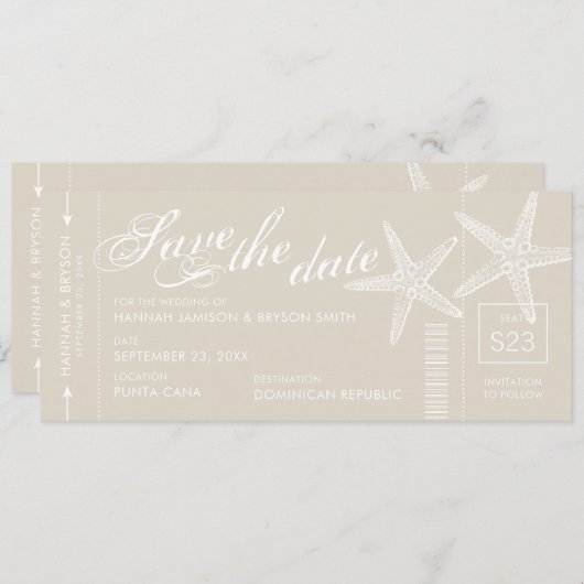 Ticket für Tan und White Starfish Boarding Save The Date (Vorne/Hinten)