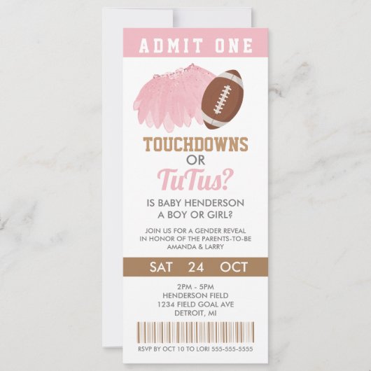 Ticket für Touchdowns oder Tutus-Gender-Enthüllung Einladung (Vorderseite)