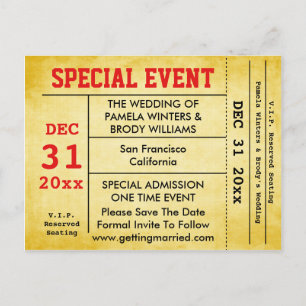 Ticket für Vintage Hochzeiten Save the Date Ankündigungspostkarte