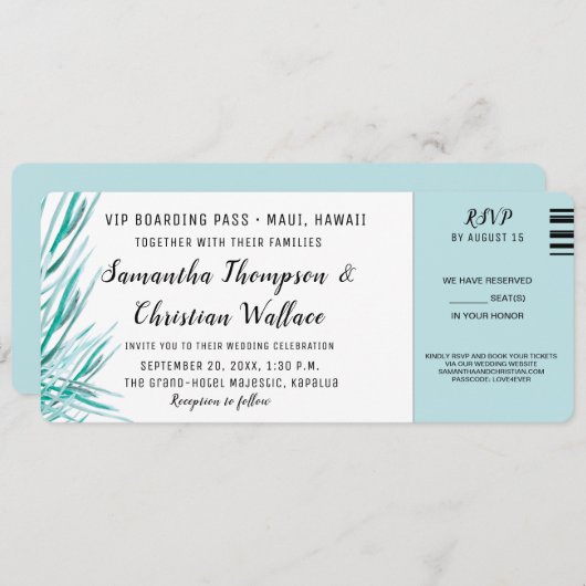 Ticket Green Palm Hochzeit in Urlaubsort UAWG Einladung (Vorne/Hinten)