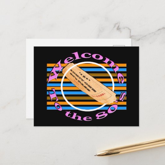 Ticket in die 80er Jahre einräumen Ankündigungspostkarte (Vorderseite/Rückseite Beispiel)