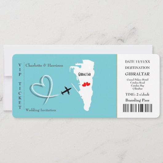 Ticket Pass Wedding Destination Gibraltar Einladung (Vorderseite)