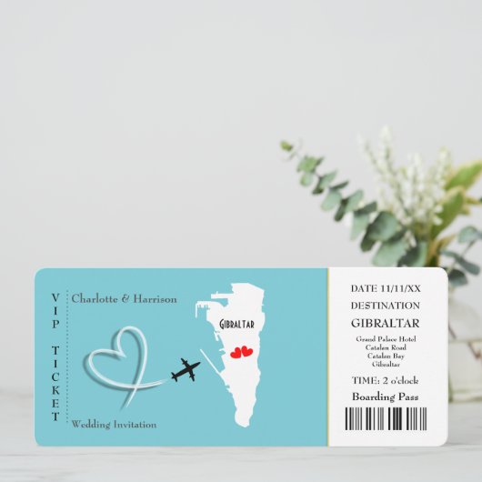 Ticket Pass Wedding Destination Gibraltar Einladung (Stehend Vorderseite)
