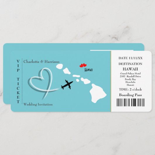 Ticket Pass Wedding Destination Hawaii Einladung (Vorne/Hinten)