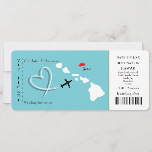 Ticket Pass Wedding Destination Hawaii Einladung (Vorderseite)