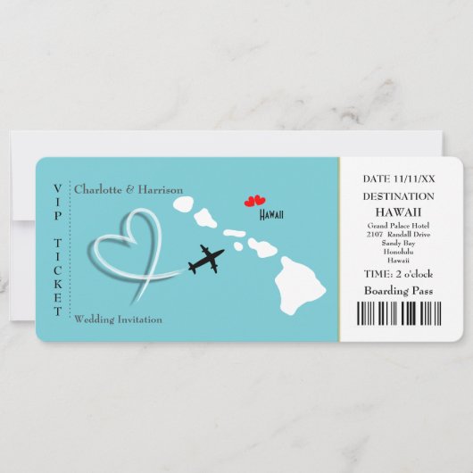 Ticket Pass Wedding Destination Hawaii Einladung (Vorderseite)
