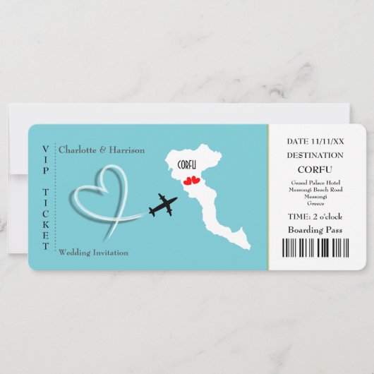 Ticket Pass Wedding Destination Korfu Einladung (Vorderseite)