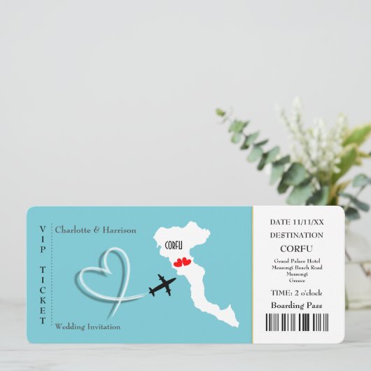 Ticket Pass Wedding Destination Korfu Einladung (Stehend Vorderseite)