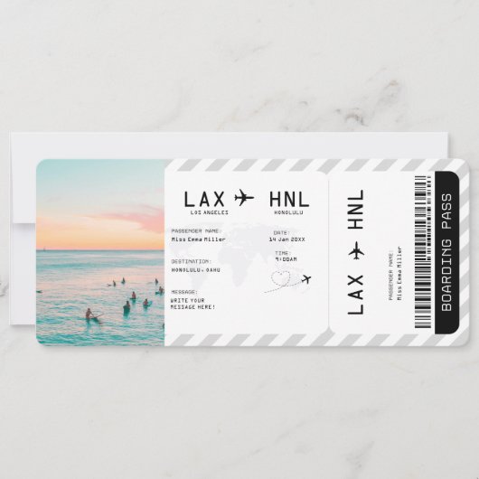 Ticket Plane Surprise Trip Travel Boarding Pass Einladung (Vorderseite)
