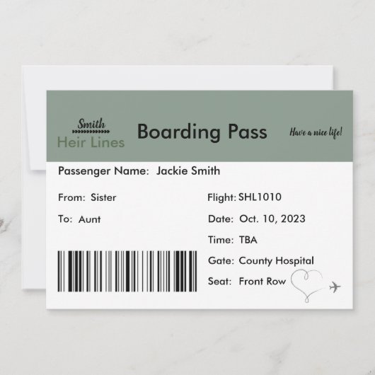 Ticket Pregnancy Ankündigung für die Familie (Vorderseite)