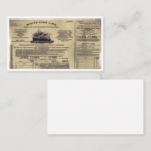 Ticket RMS Titanic 1912 (Vorne/Hinten)