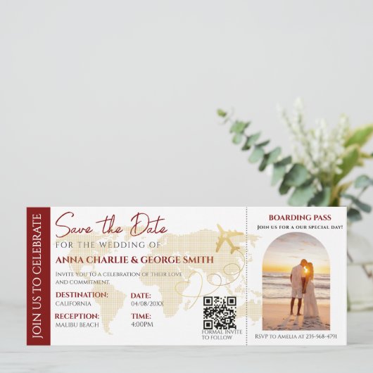 Ticket Save the Date mit Foto Hochzeitsfeier Einladung (Stehend Vorderseite)