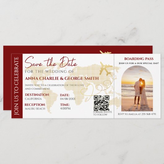 Ticket Save the Date mit Foto Hochzeitsfeier Einladung (Vorne/Hinten)