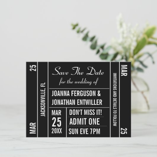 Ticket Stub Save the Date Einladung (Stehend Vorderseite)