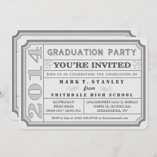 Ticket Style 2014 Einladung zur Gray Graduation Pa (Vorne/Hinten)