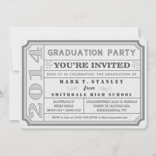 Ticket Style 2014 Einladung zur Gray Graduation Pa (Vorderseite)