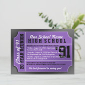 Ticket Style Black/Lila Class Wiedersehen Einladung (Stehend Vorderseite)