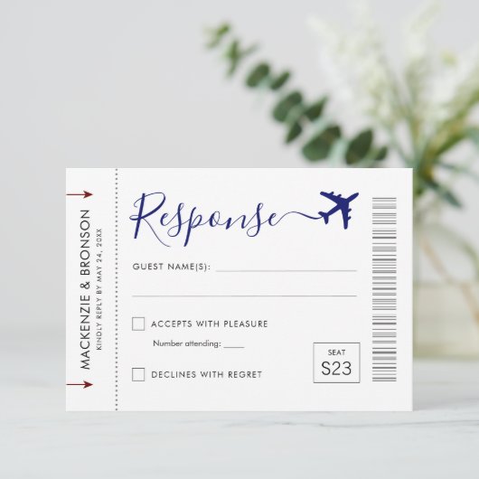 Ticket Style Boarding Pass Reise Theme Response RSVP Karte (Stehend Vorderseite)