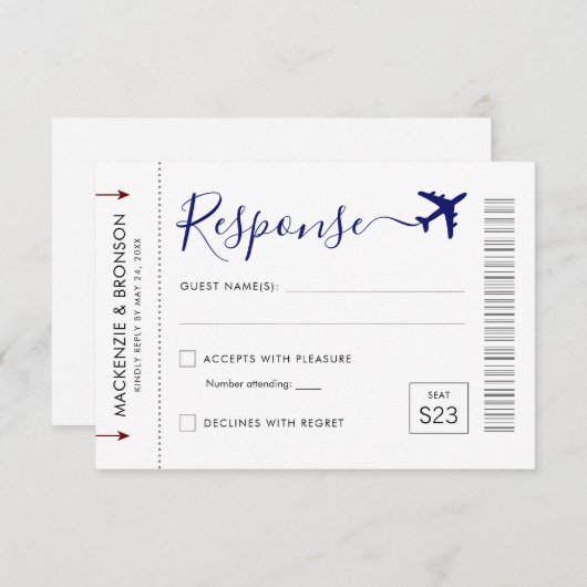 Ticket Style Boarding Pass Reise Theme Response RSVP Karte (Vorne/Hinten)