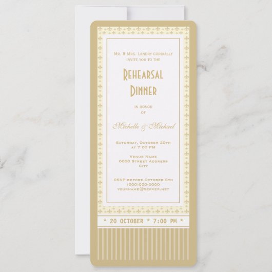 Ticket Style Gold Lilie Probe Dinner Einladung (Rückseite)