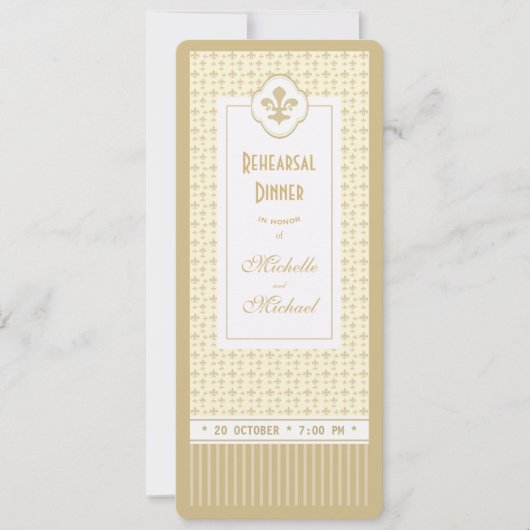 Ticket Style Gold Lilie Probe Dinner Einladung (Vorderseite)