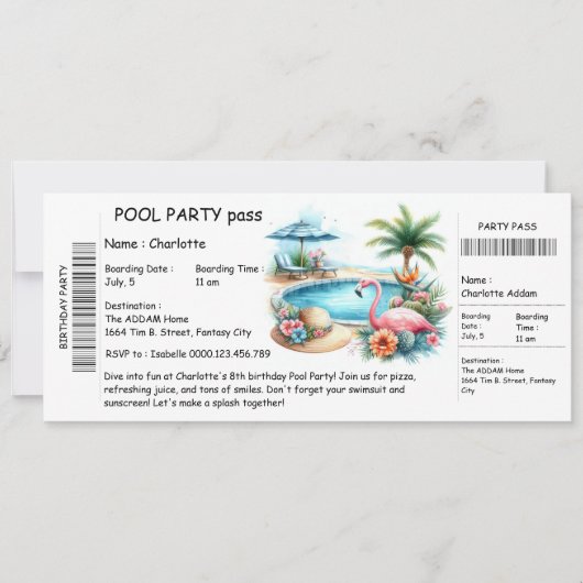 Ticket-Style Pool Party Invitation – Birthday Bash Einladung (Vorderseite)