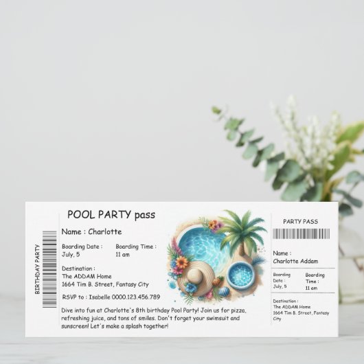 Ticket-Style Pool Party Invitation – Birthday Bash Einladung (Stehend Vorderseite)
