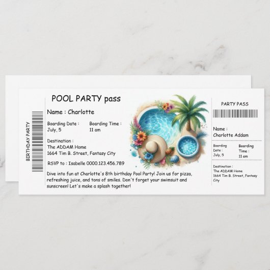 Ticket-Style Pool Party Invitation – Birthday Bash Einladung (Vorne/Hinten)