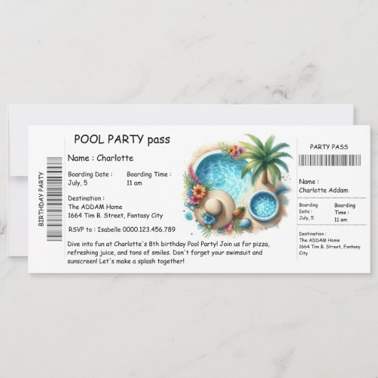 Ticket-Style Pool Party Invitation – Birthday Bash Einladung (Vorderseite)