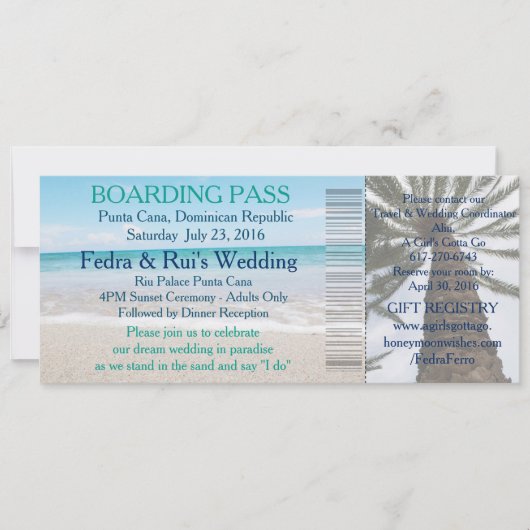 Ticket-Zielort für den Hochzeitstag Boarding Einladung (Vorderseite)