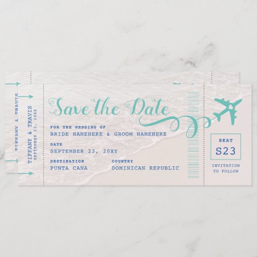 Ticket zum Beach Boarding Pass Save the Date Ankündigung (Vorne/Hinten)