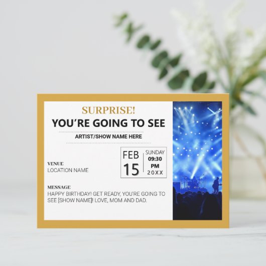Ticketgutschein für überraschendes Konzert RSVP Karte (Stehend Vorderseite)