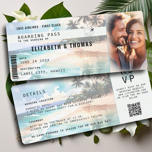 Tickethochzeit für das Tropical Beach Zielflugzeug Einladung