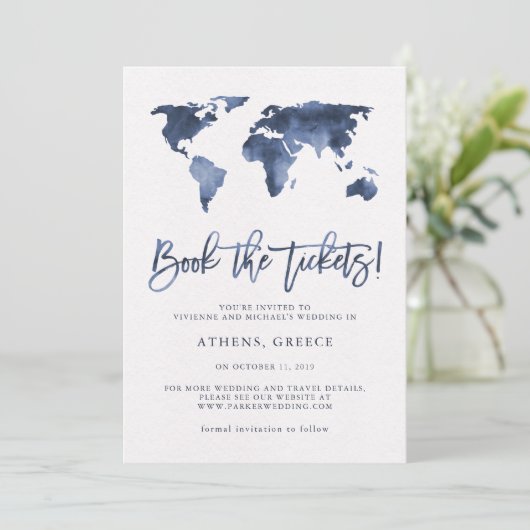 Tickets buchen | World Map Blue Save the Date (Stehend Vorderseite)