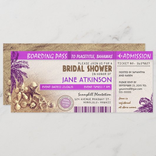 Tickets für den lila Boarding für Brautparty Einladung (Vorne/Hinten)