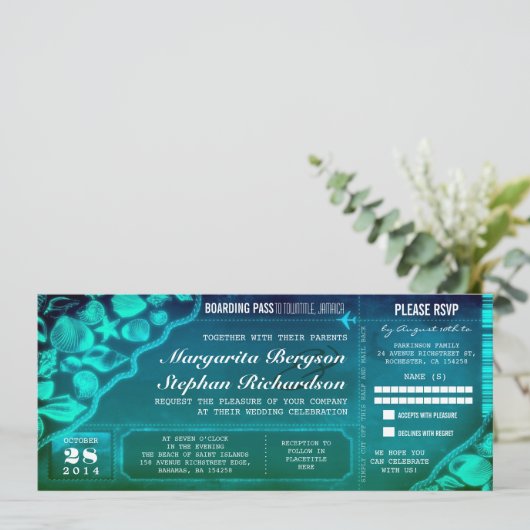 Tickets für die Aquamarine Hochzeit in Urlaubsort Einladung (Stehend Vorderseite)