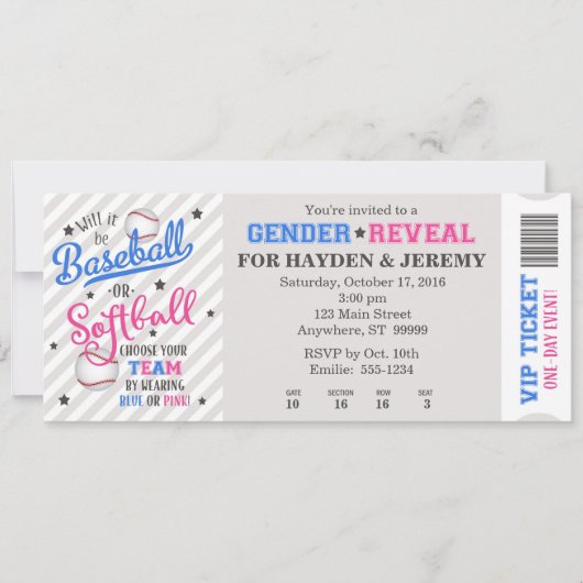 Ticketstil für Baseball oder Softball Gender Einladung (Vorderseite)