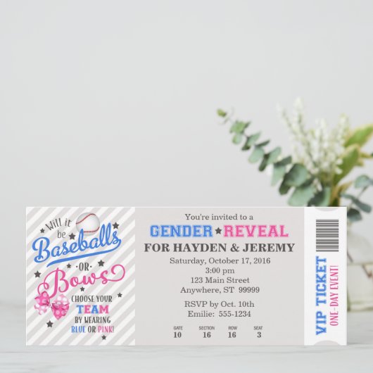 Ticketstil für Baseballs oder Bows Gender Einladung (Stehend Vorderseite)