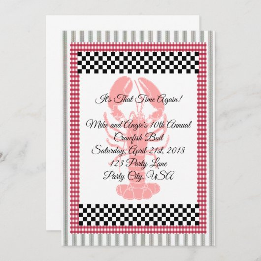 Ticking Strip Checkerboard Gingham Crawfish Boil Einladung (Vorne/Hinten)