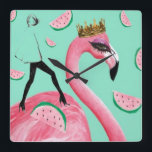 Tickled Pink & Teal Flamingo cute pop art clock Quadratische Wanduhr<br><div class="desc">A fresh bright joyful flamingo print designed in Edinburgh, UK.</div>