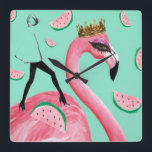 Tickled Pink & Teal Flamingo cute pop art clock Quadratische Wanduhr<br><div class="desc">A fresh bright joyful flamingo print designed in Edinburgh, UK.</div>