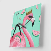 Tickled Pink & Teal Flamingo cute pop art clock Quadratische Wanduhr (Winkel)