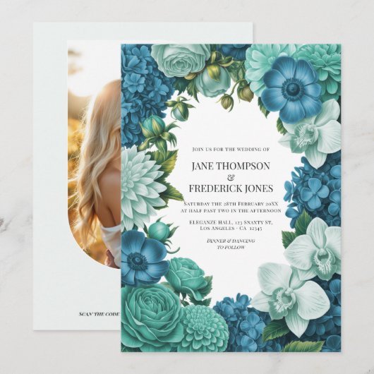 Tidal Blue, Seafoam Drift & Cloud Mint Hochzeit Einladung (Vorne/Hinten)
