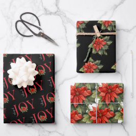 TIDINGS OF JOY RED CHRISTMAS POINSETTIA PATTERN GESCHENKPAPIER SET