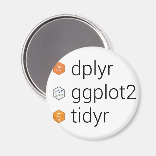 Tidyverse Bibliotheken: dplyr, ggplot2, tidyr Magnet (Vorderseite/Rückseite)