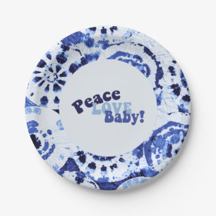 Tie Dye Blau Shibori Peace Love Baby Shower Pappteller